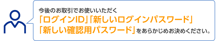 今後のお取引でお使いいただく「ログインID」「新しいログインパスワード」「新しい確認用パスワード」をあらかじめお決めください。