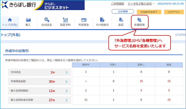 外為サービストップ画面