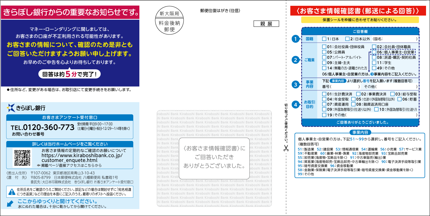 往復はがきのイメージ表面