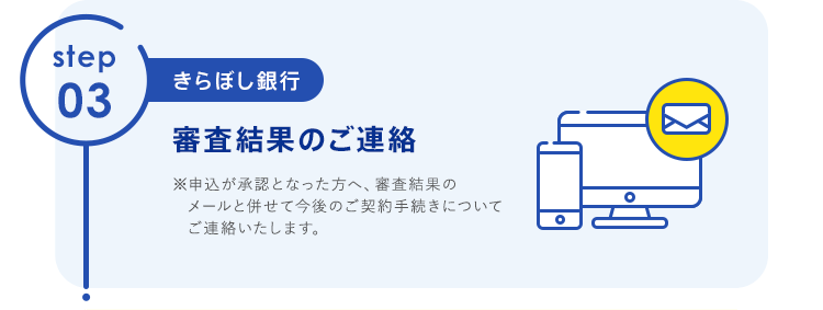 【step03（きらぼし銀行）：審査結果のご連絡】※申込が承認となった方へ、審査結果のメールと併せて今後のご契約手続きについてご連絡いたします。