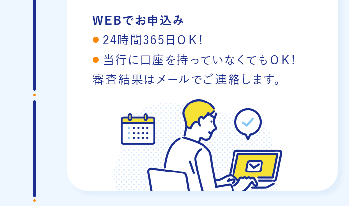 WEBでお申込み● 24時間365日ＯＫ!● 当行に口座を持っていなくてもＯＫ!審査結果はメールでご連絡します。